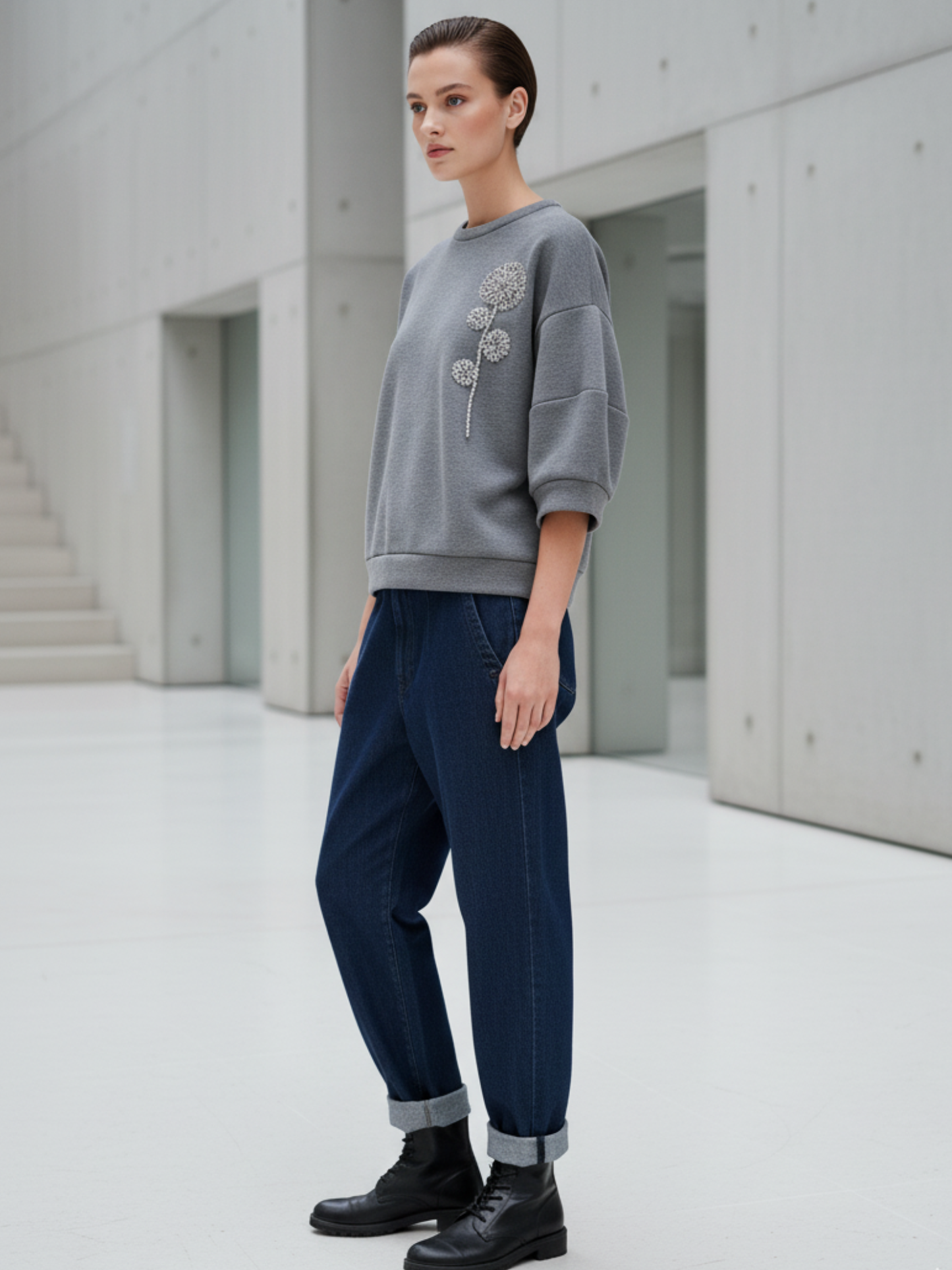 Sweat-shirt à manches 3/4 gris moyen