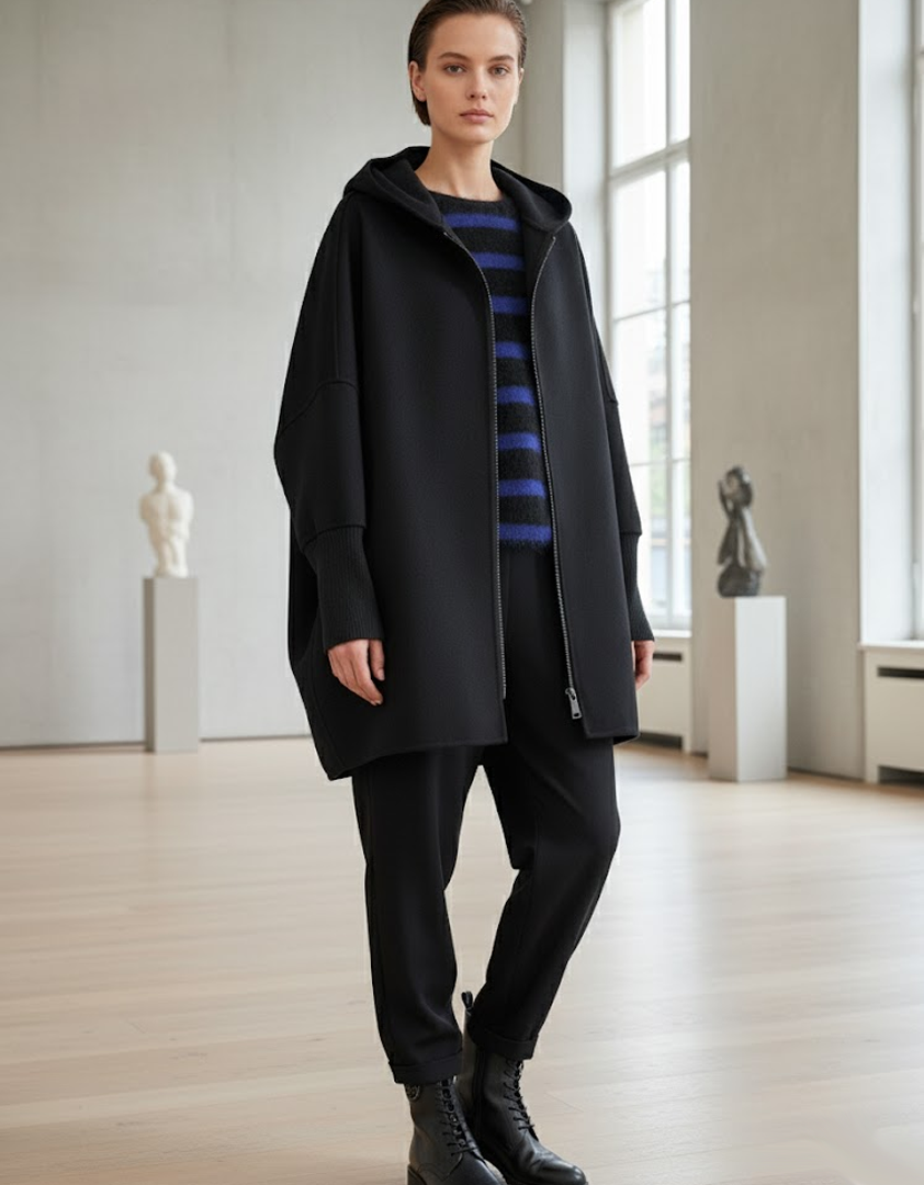 Manteau noir avec capuche et fermeture éclair