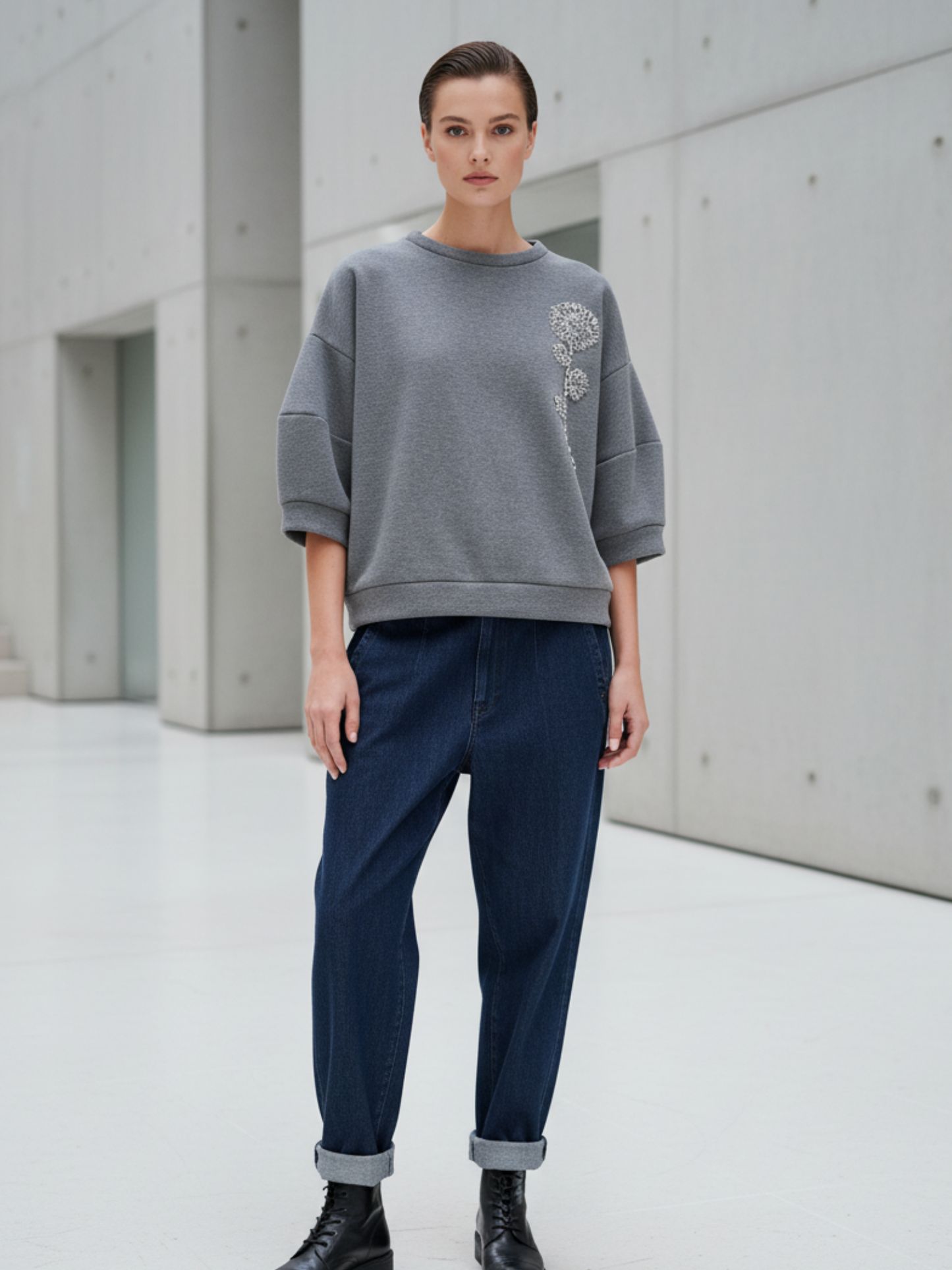 Sweat-shirt à manches 3/4 gris moyen