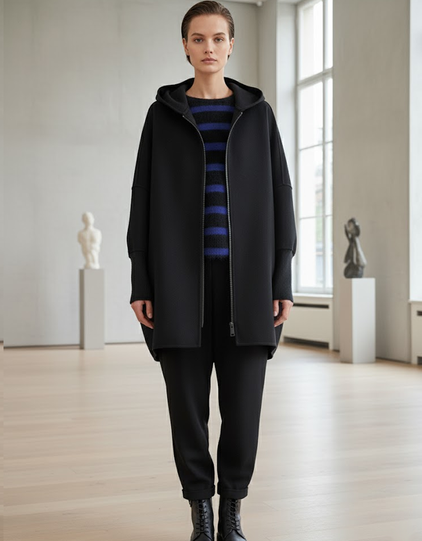 Manteau noir avec capuche et fermeture éclair