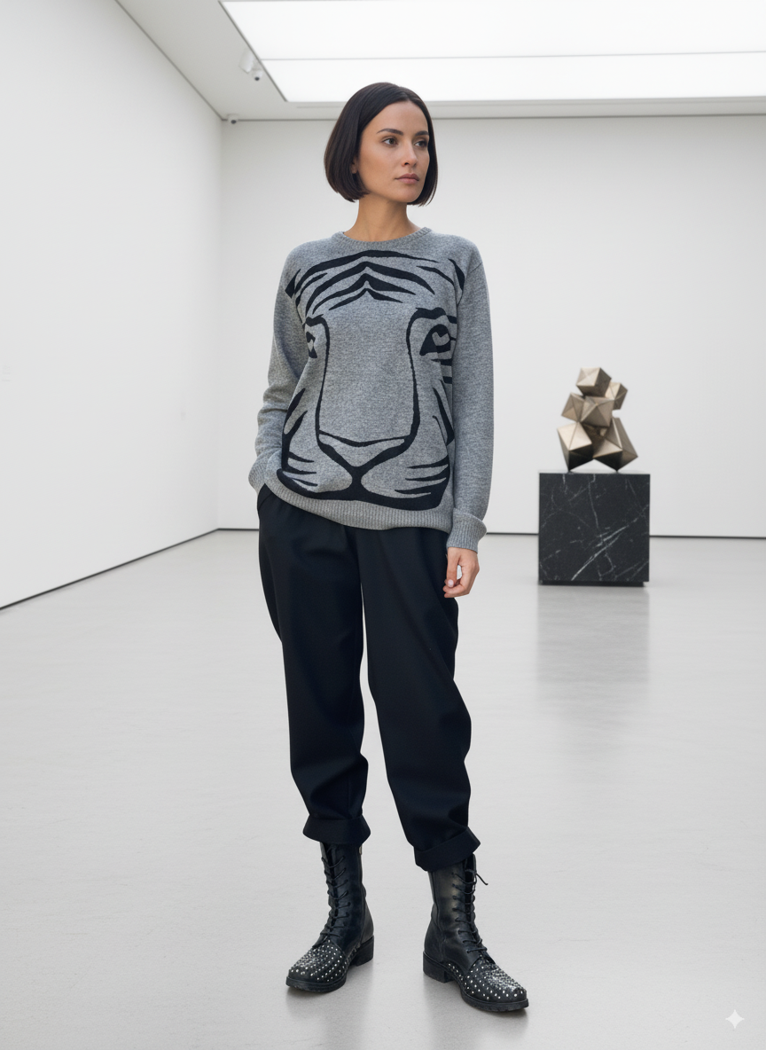 Pull col rond en cachemire et laine – Motif tigre