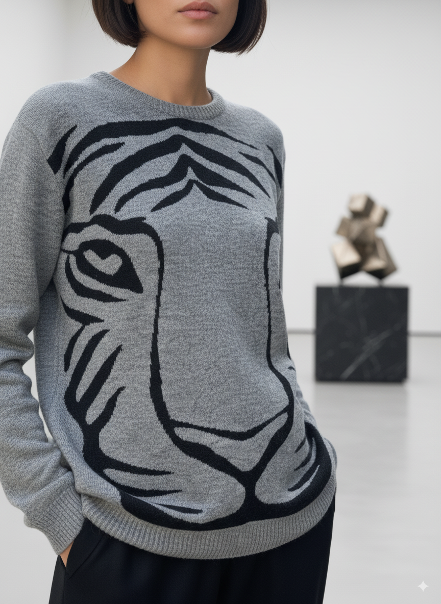 Pull col rond en cachemire et laine – Motif tigre