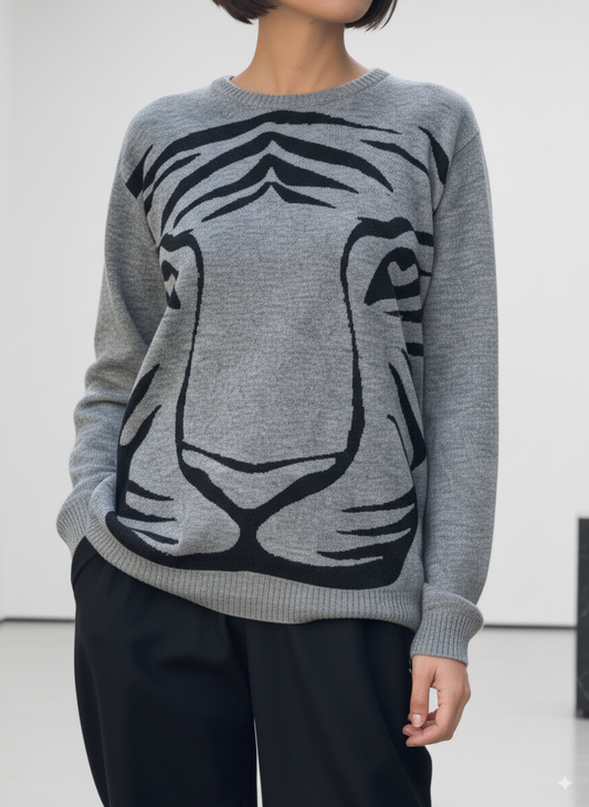 Pull col rond en cachemire et laine – Motif tigre