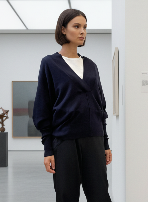 Pull bleu marine en laine mérinos et coton premium