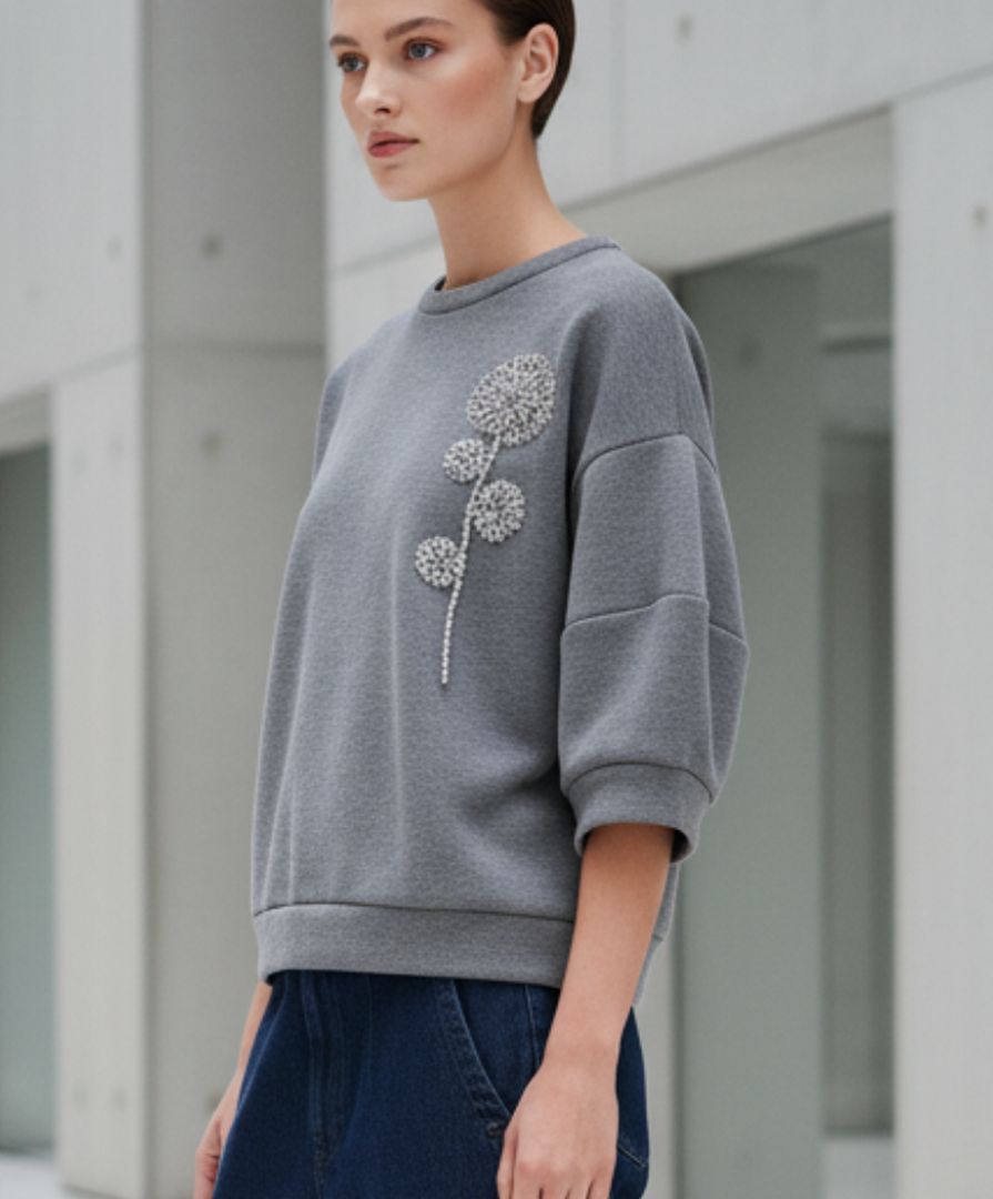 Sweat-shirt à manches 3/4 gris moyen