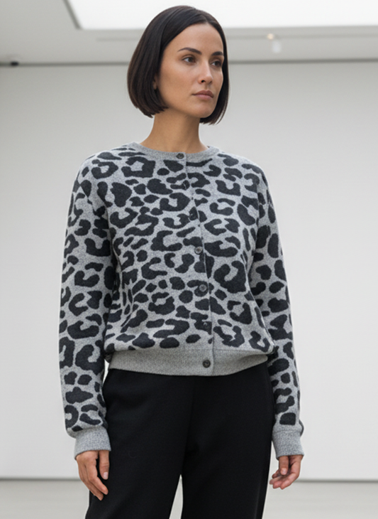 Cardigan ras du cou léopard en laine mérinos