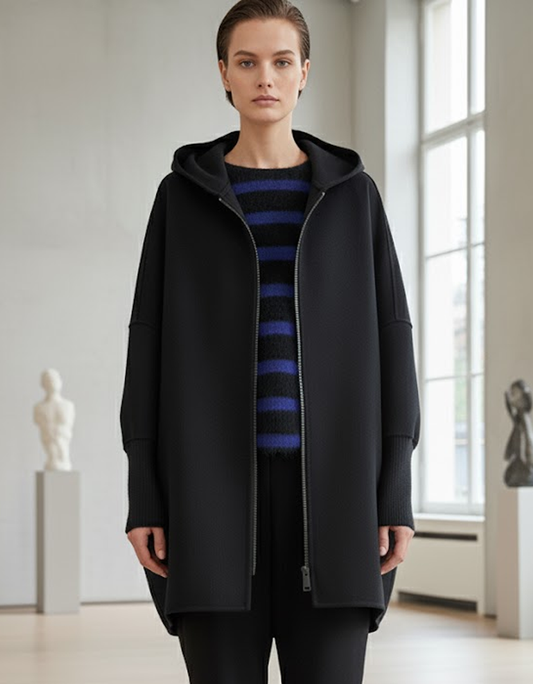 Manteau noir avec capuche et fermeture éclair