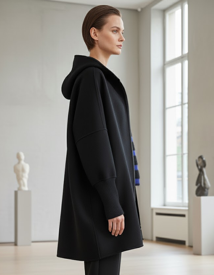 Manteau noir avec capuche et fermeture éclair