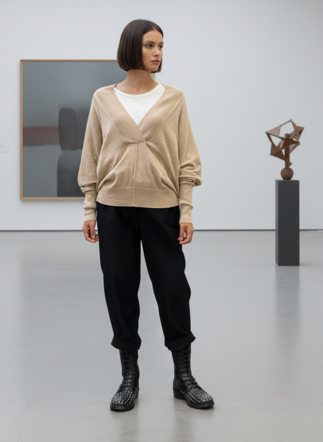 Pull beige en laine mérinos et coton premium