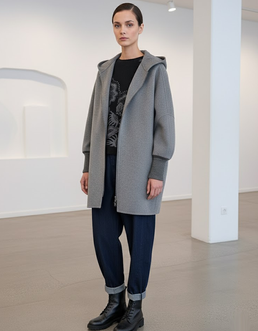Manteau gris avec capuche et fermeture éclair