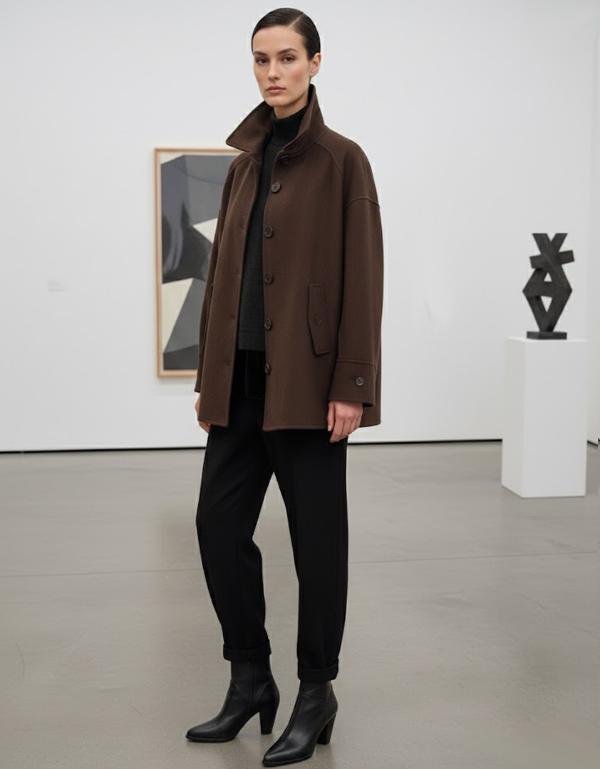 Manteau chocolat à poches et fermeture boutonnée