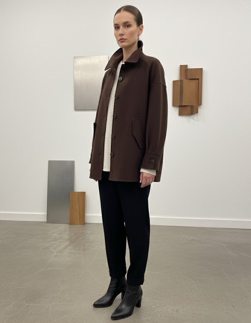 Manteau chocolat à poches et fermeture boutonnée
