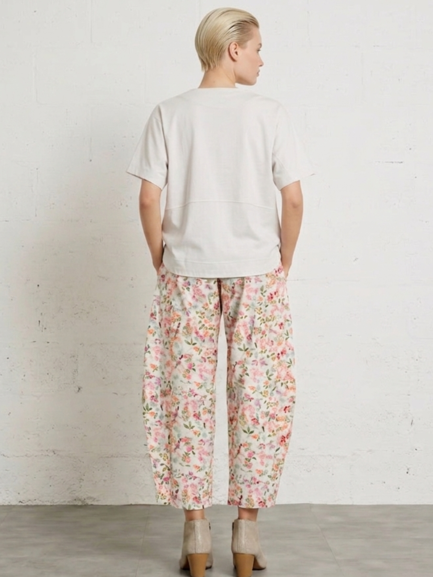 Pantalon droit en coton mélangé imprimé - Beige