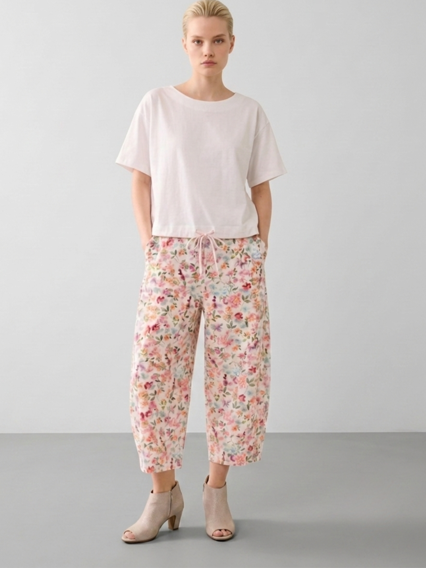 Pantalon droit en coton mélangé imprimé - Beige