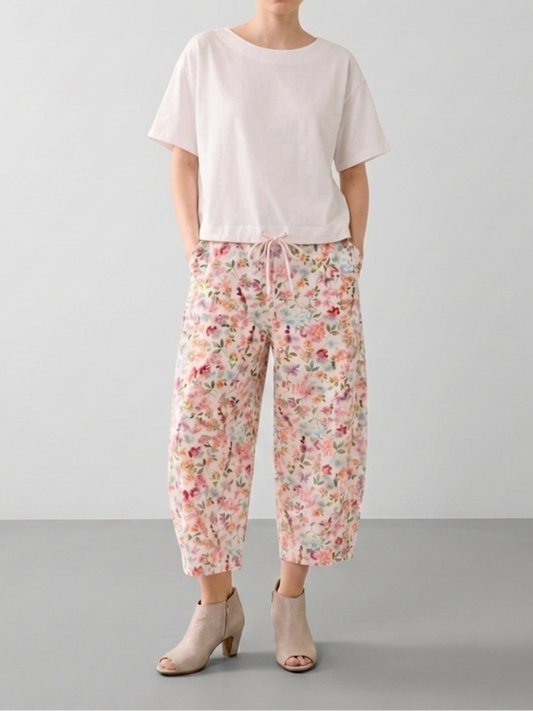 Pantalon droit en coton mélangé imprimé - Beige