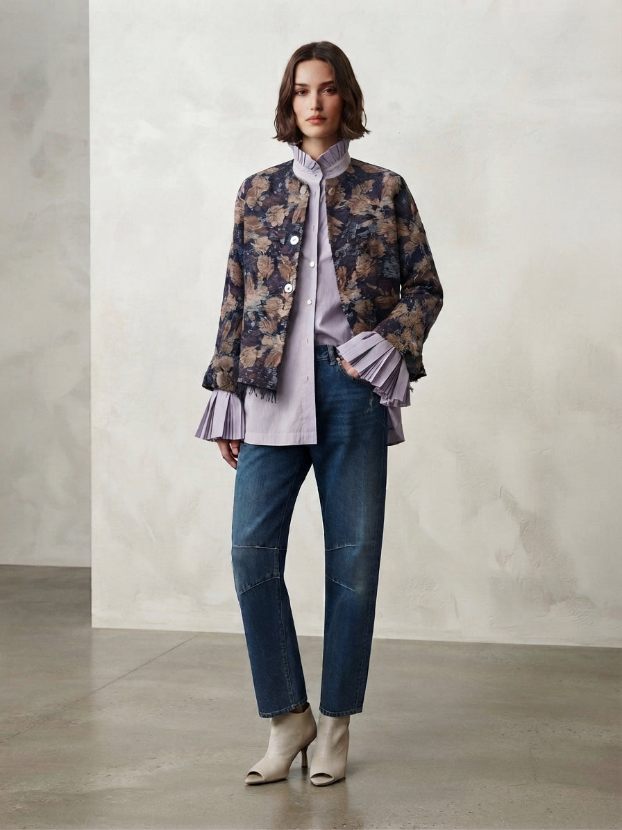 Floral print alpaca blend jacket with sand feathers