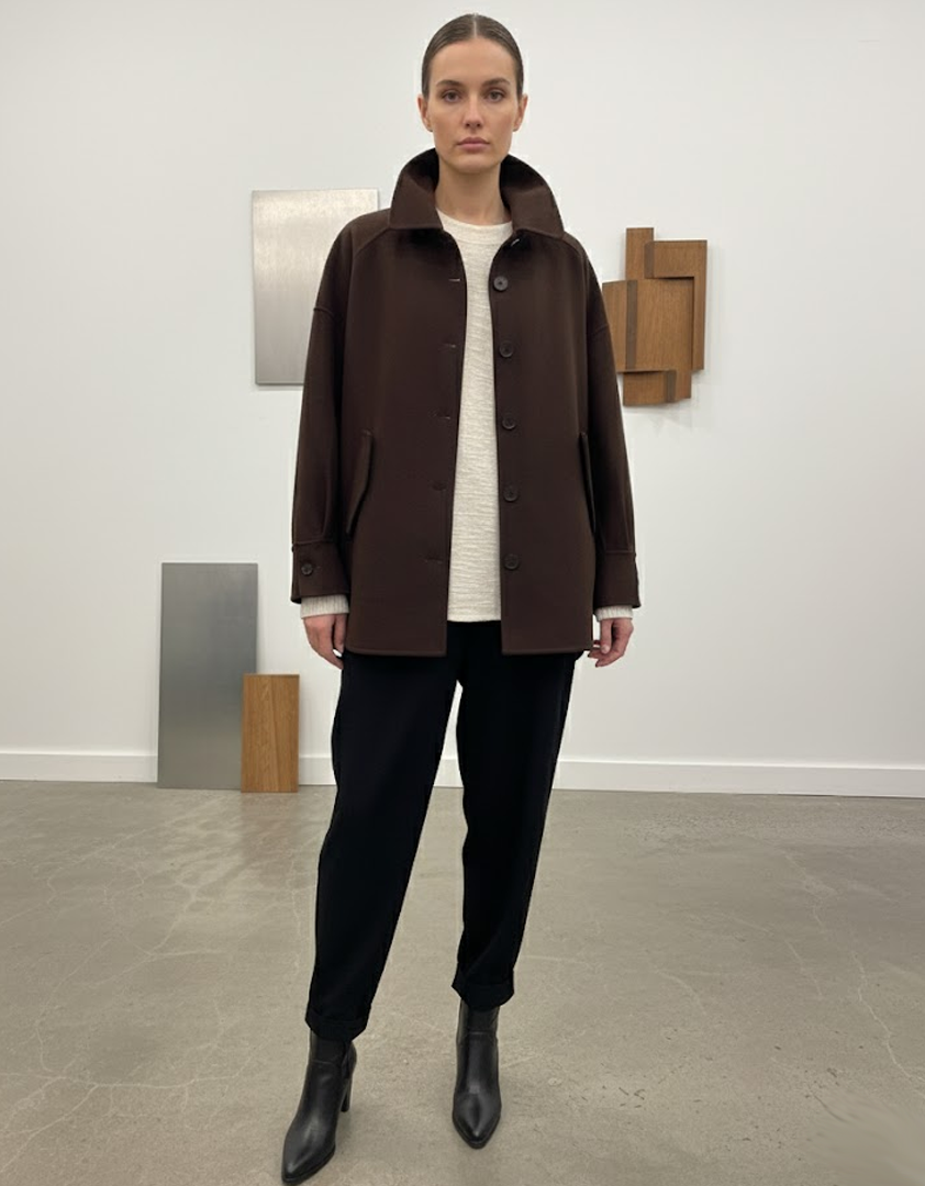 Manteau chocolat à poches et fermeture boutonnée