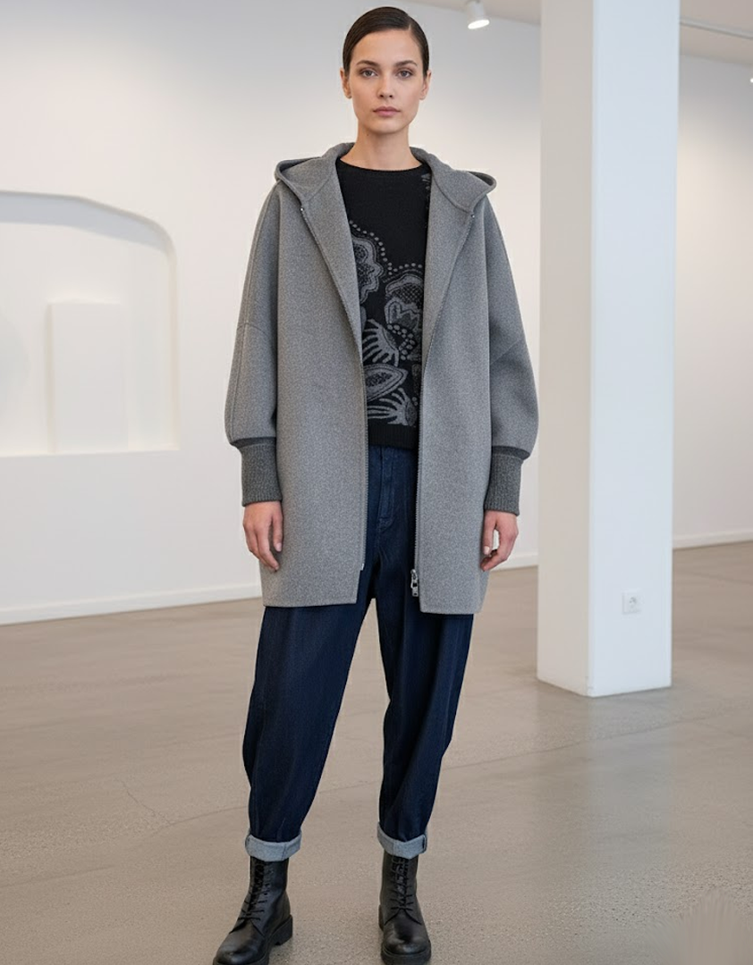 Manteau gris avec capuche et fermeture éclair