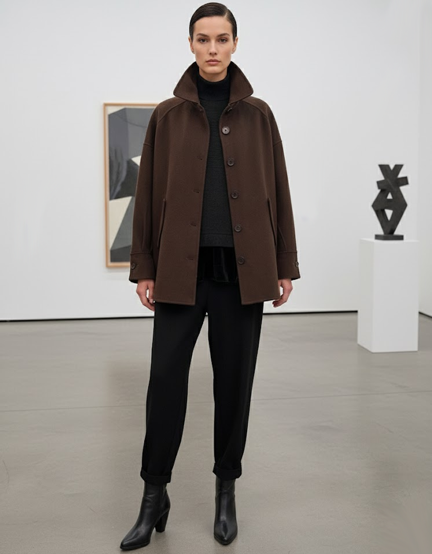 Manteau chocolat à poches et fermeture boutonnée