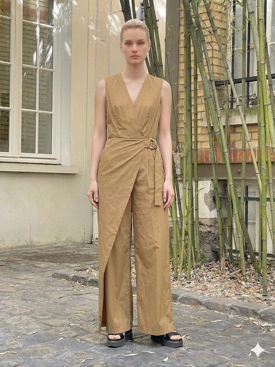 Combinaison en coton à décolleté croisé et drapé élégant
