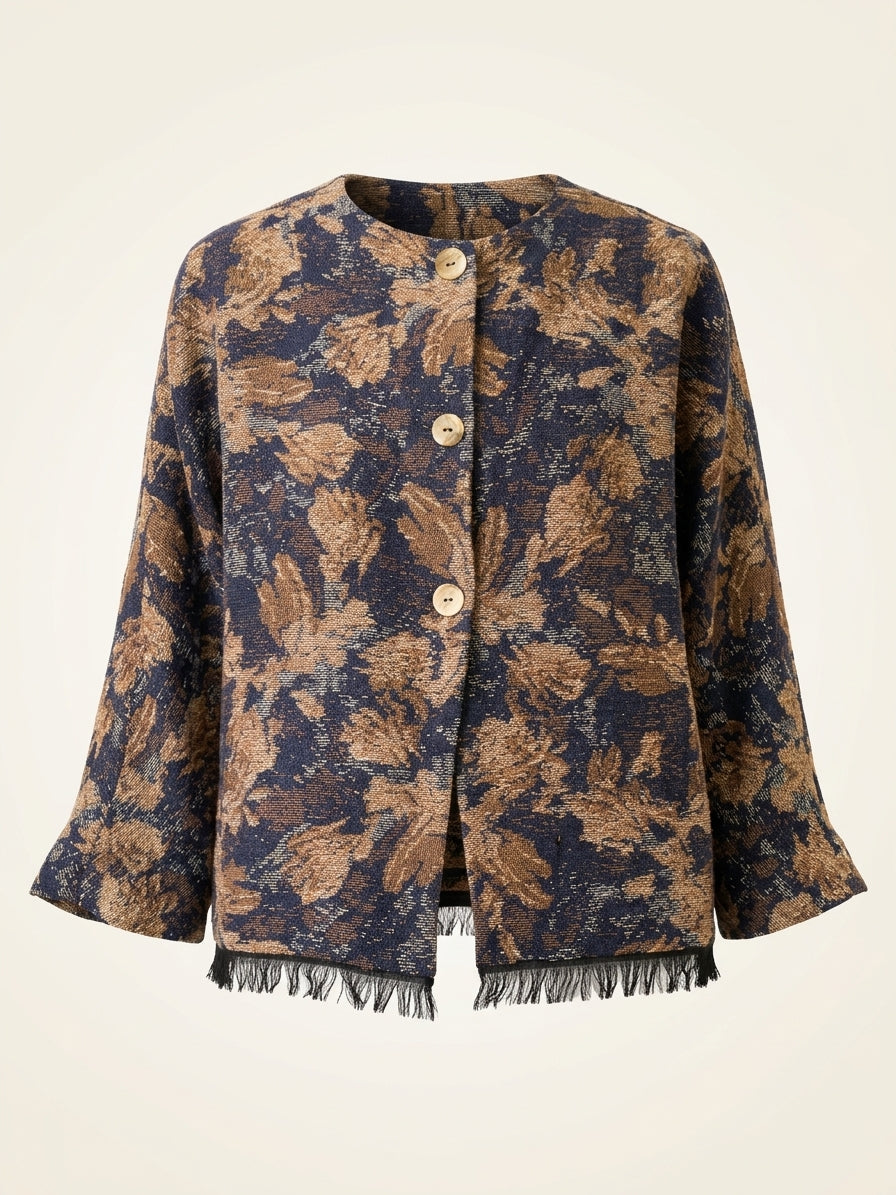 Veste en alpaga mélangé à motif floral et plumes colories sables