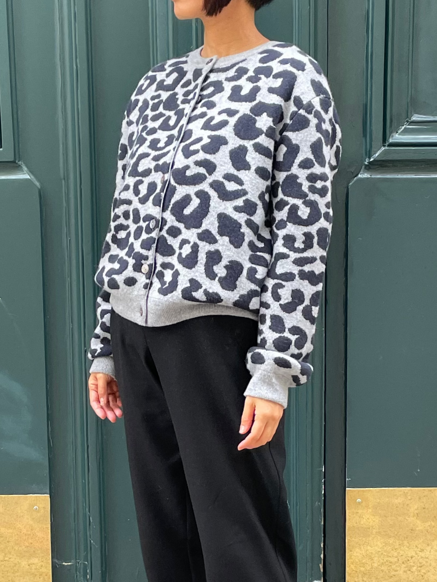 Cardigan ras du cou léopard en laine mérinos
