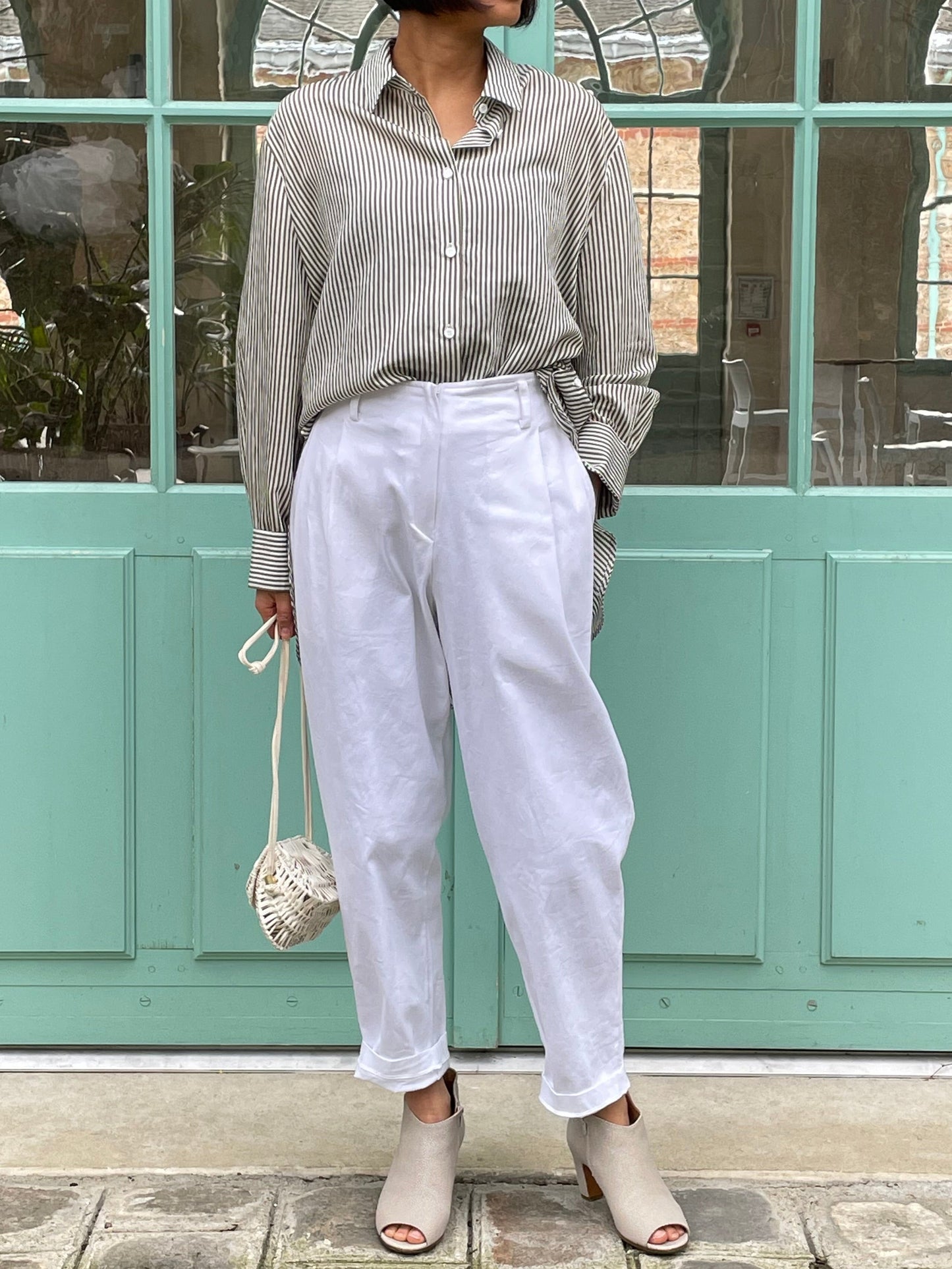 khaki striped blouse