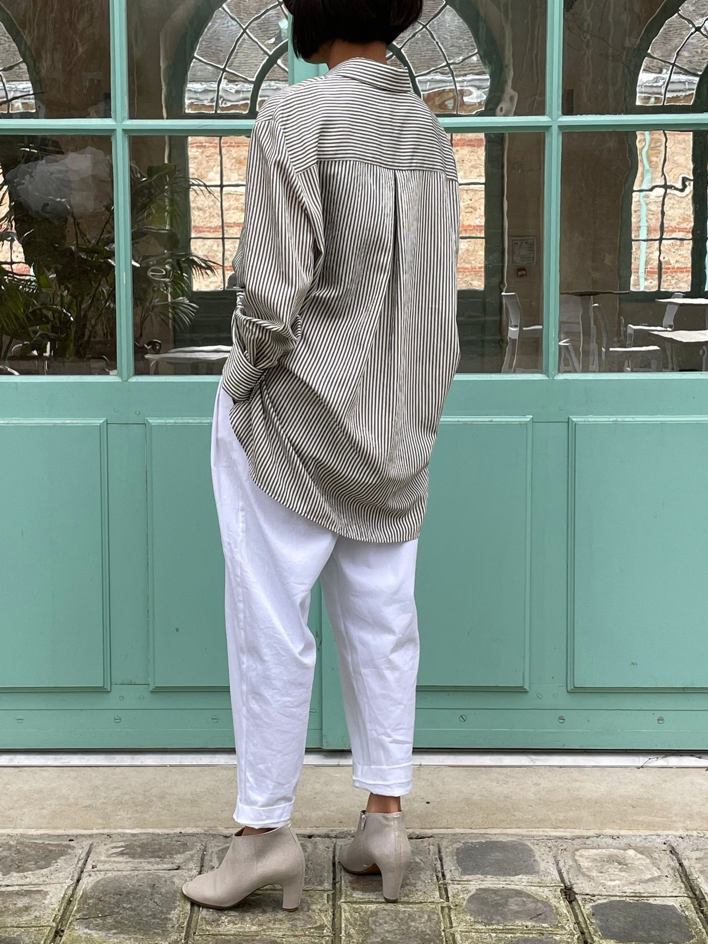 khaki striped blouse