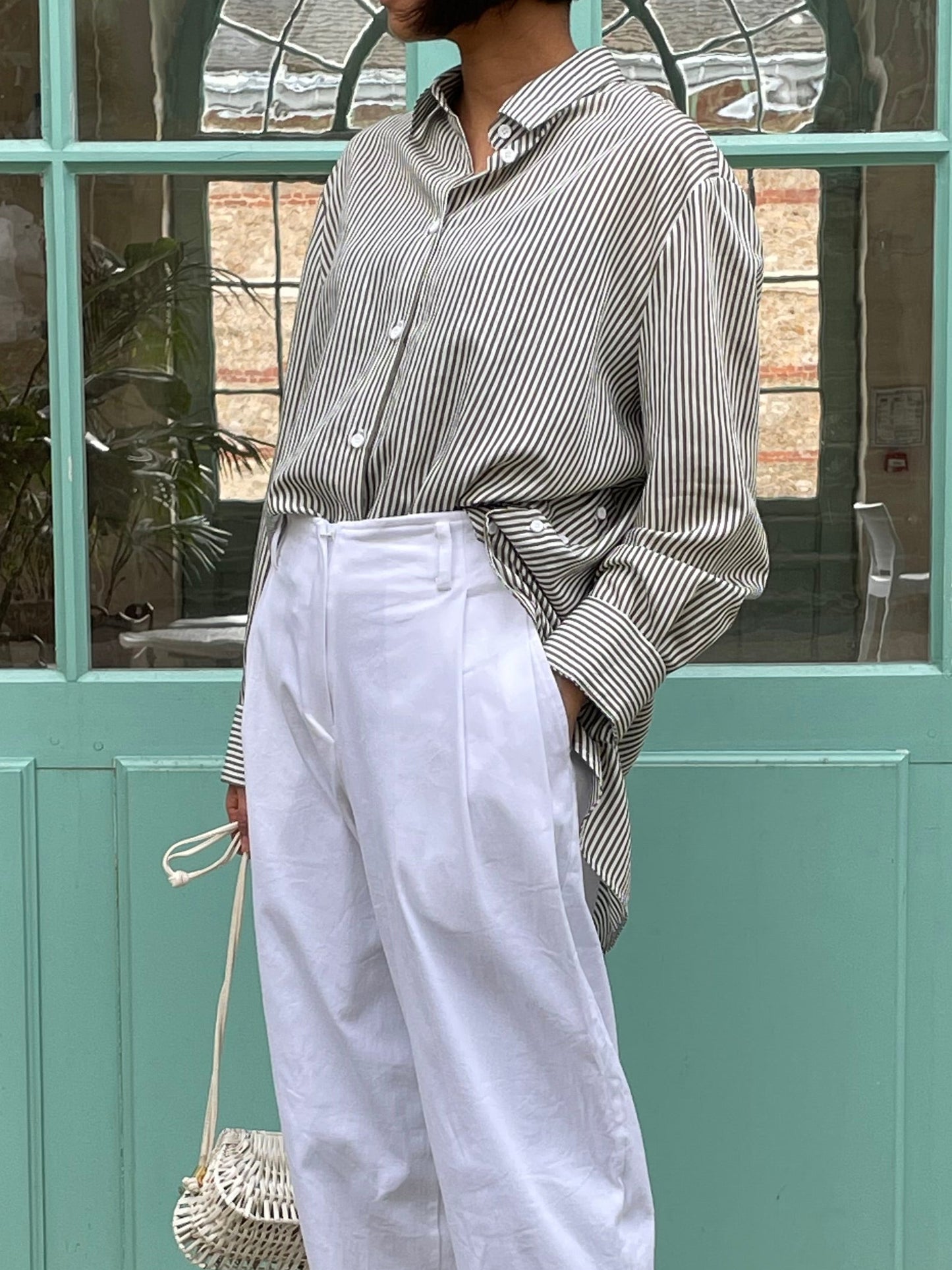 khaki striped blouse