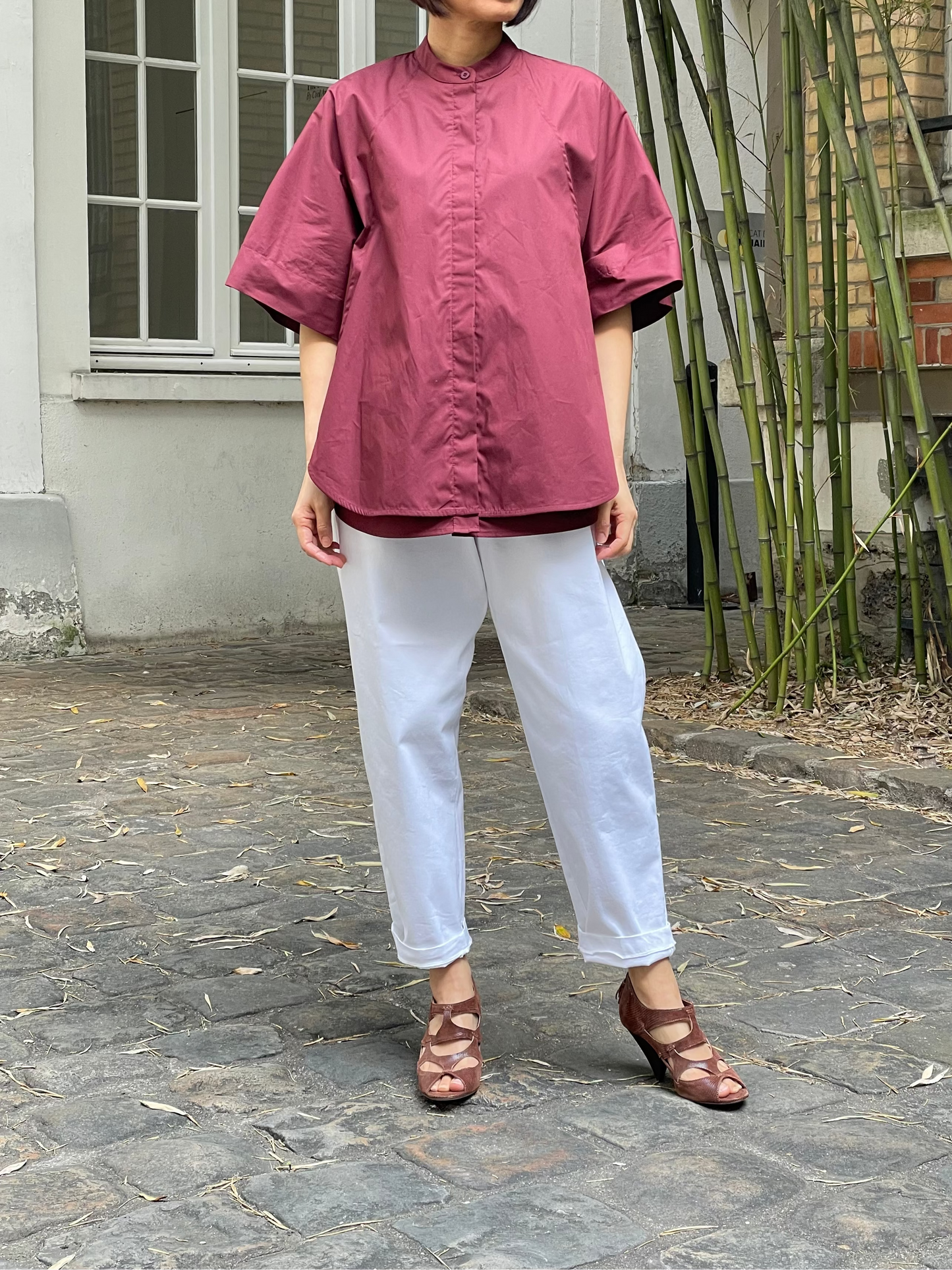 Loose-fit short-sleeved cotton shirt – Burgundy