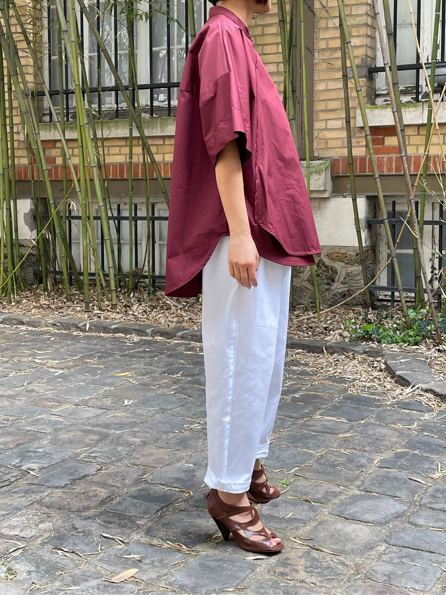 Loose-fit short-sleeved cotton shirt – Burgundy