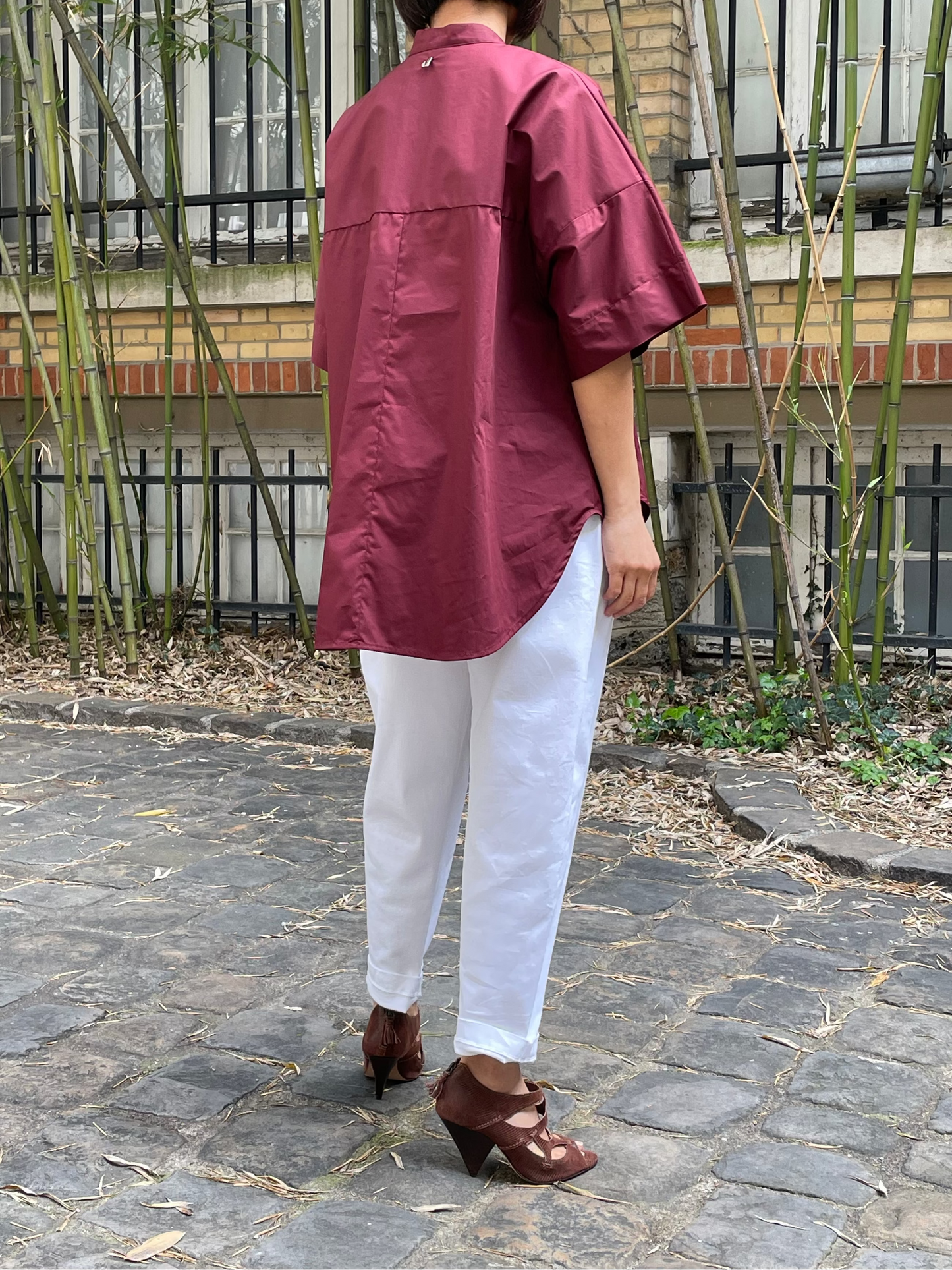 Loose-fit short-sleeved cotton shirt – Burgundy