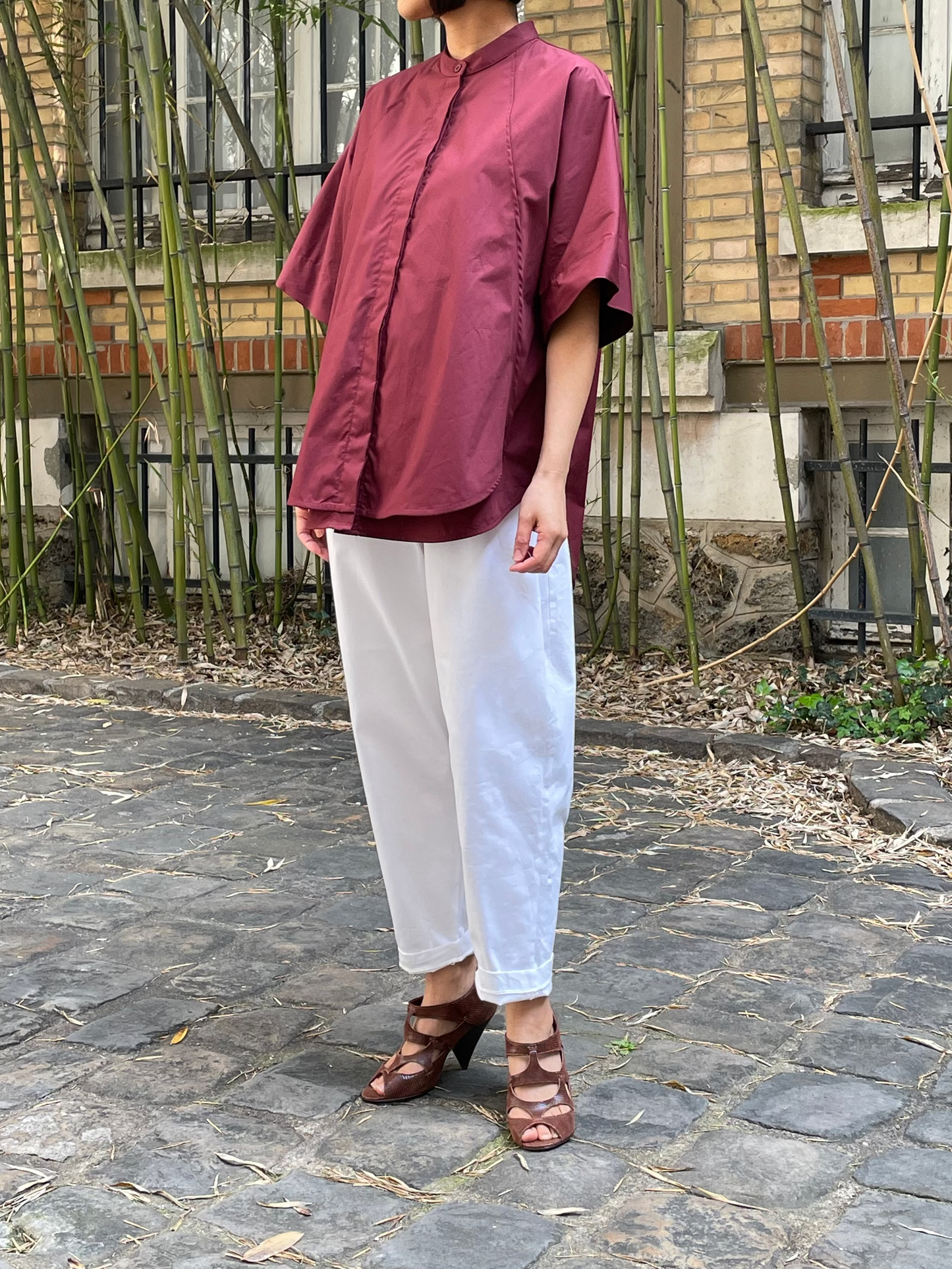 Loose-fit short-sleeved cotton shirt – Burgundy
