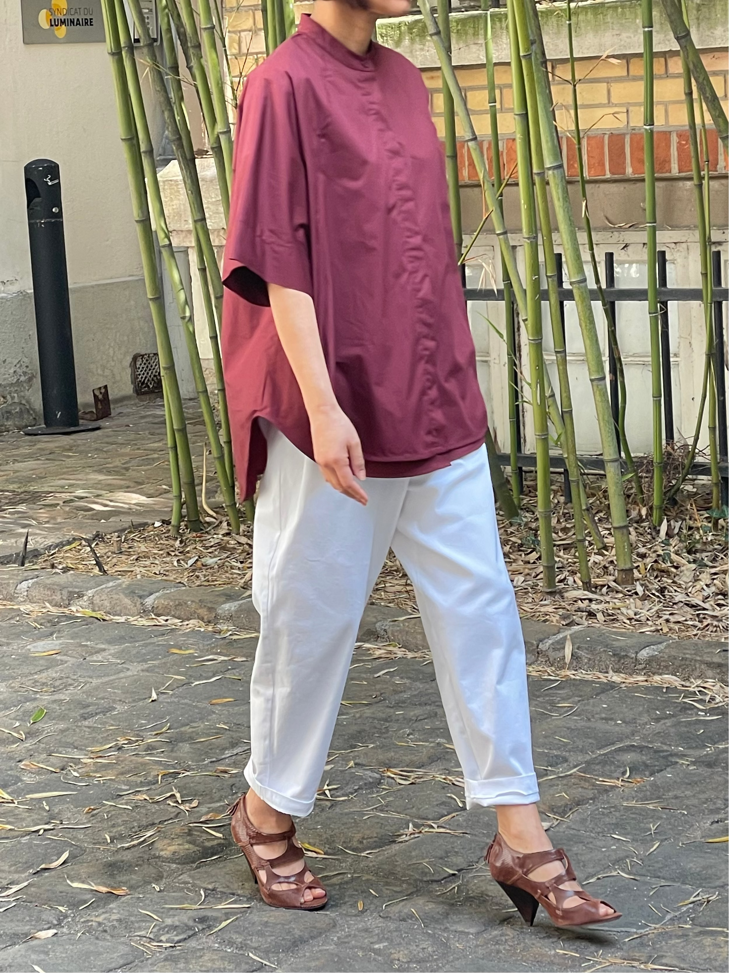 Loose-fit short-sleeved cotton shirt – Burgundy