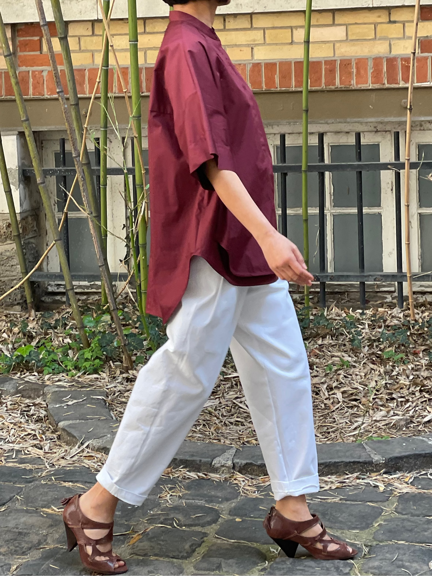 Loose-fit short-sleeved cotton shirt – Burgundy