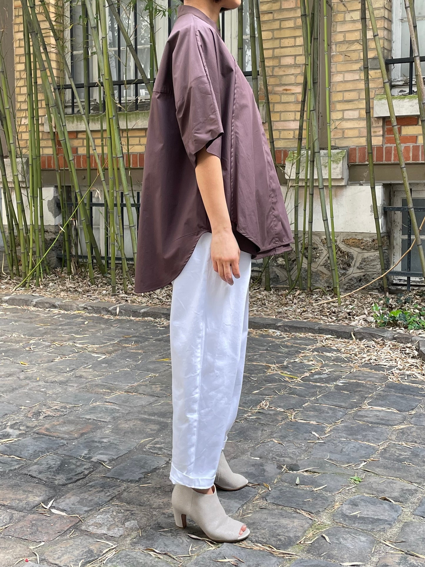 Chemise ample en coton à manches courtes – Chocolat