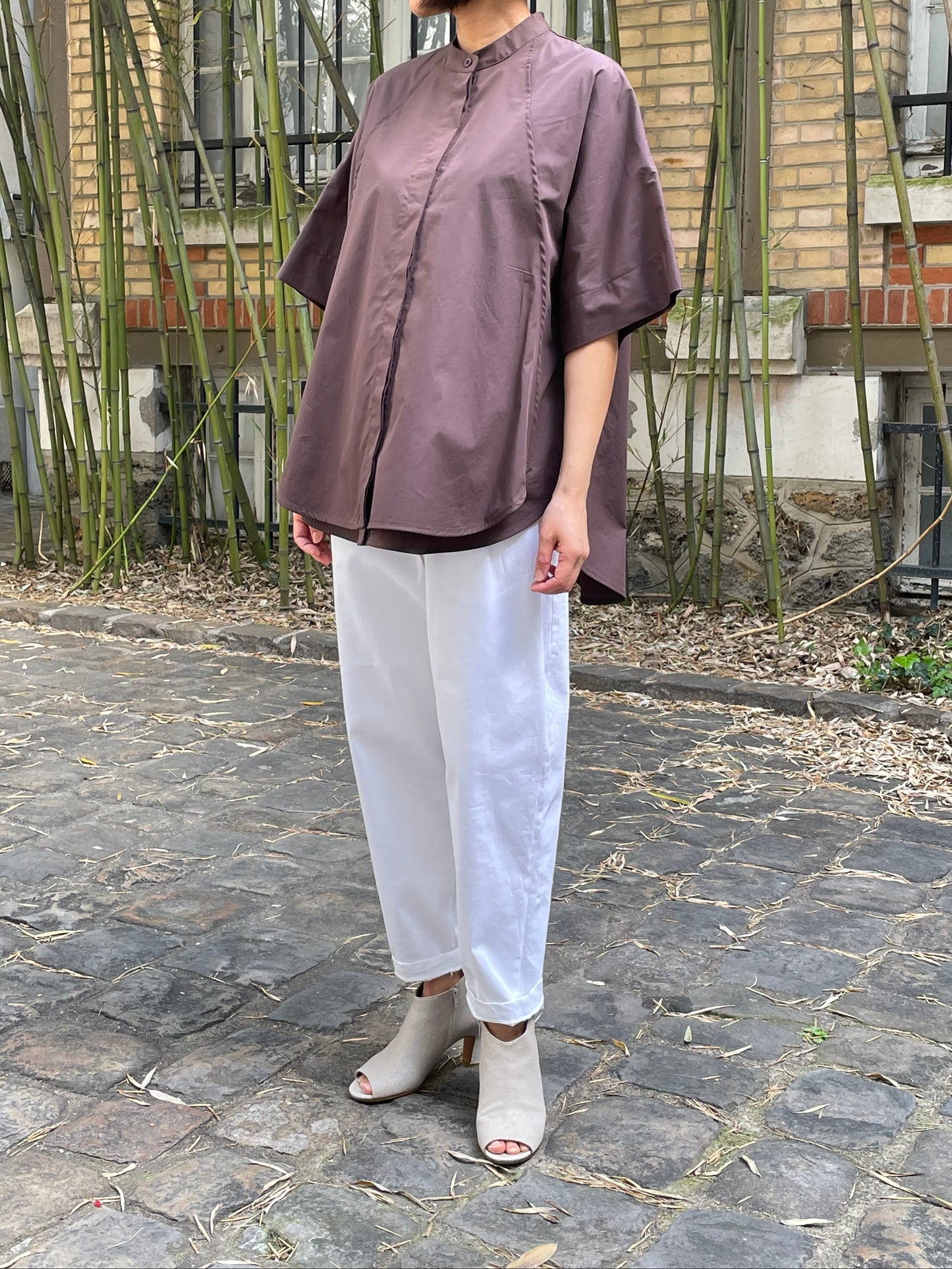 Chemise ample en coton à manches courtes – Chocolat