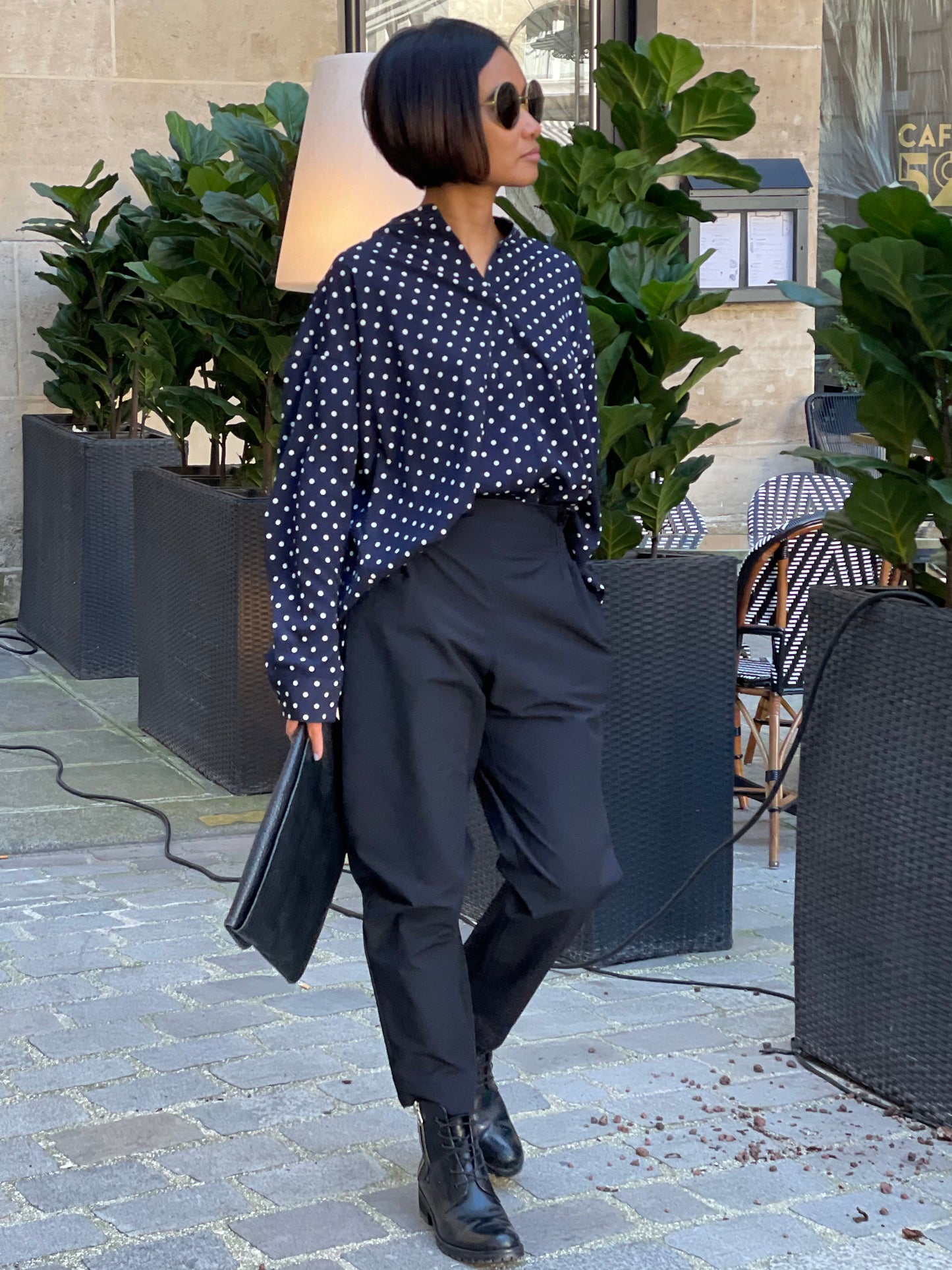 Navy blue polka dot shirt