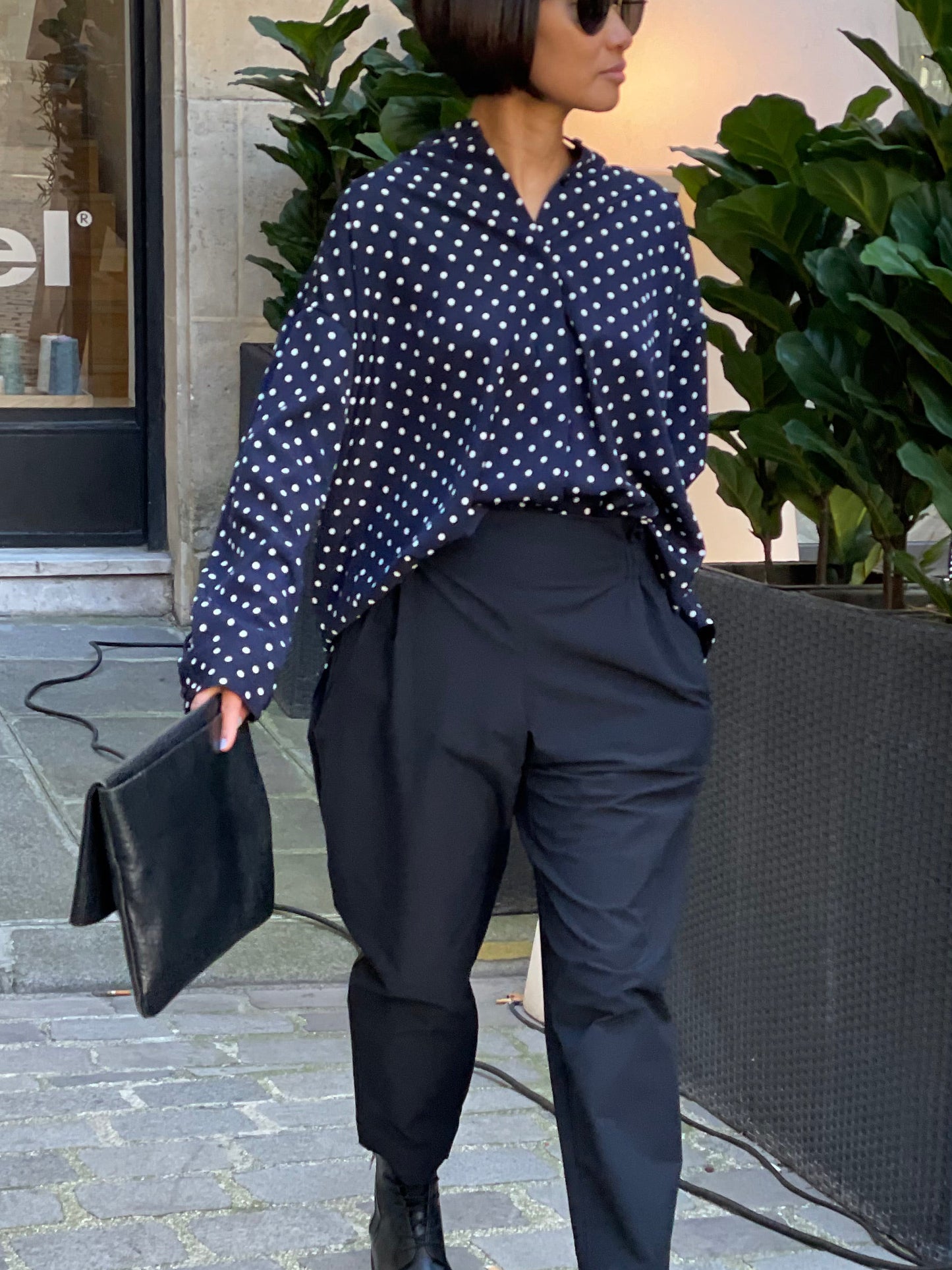 Navy blue polka dot shirt