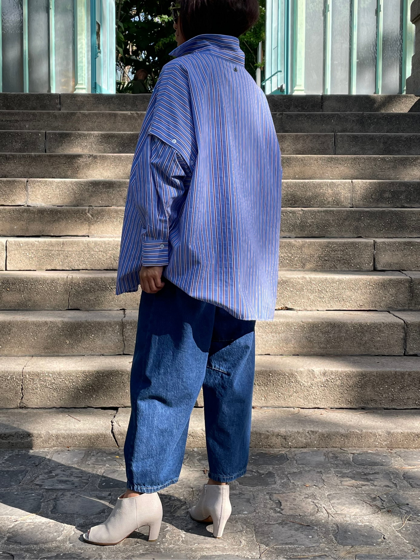 Long striped shirt with openwork sleeves