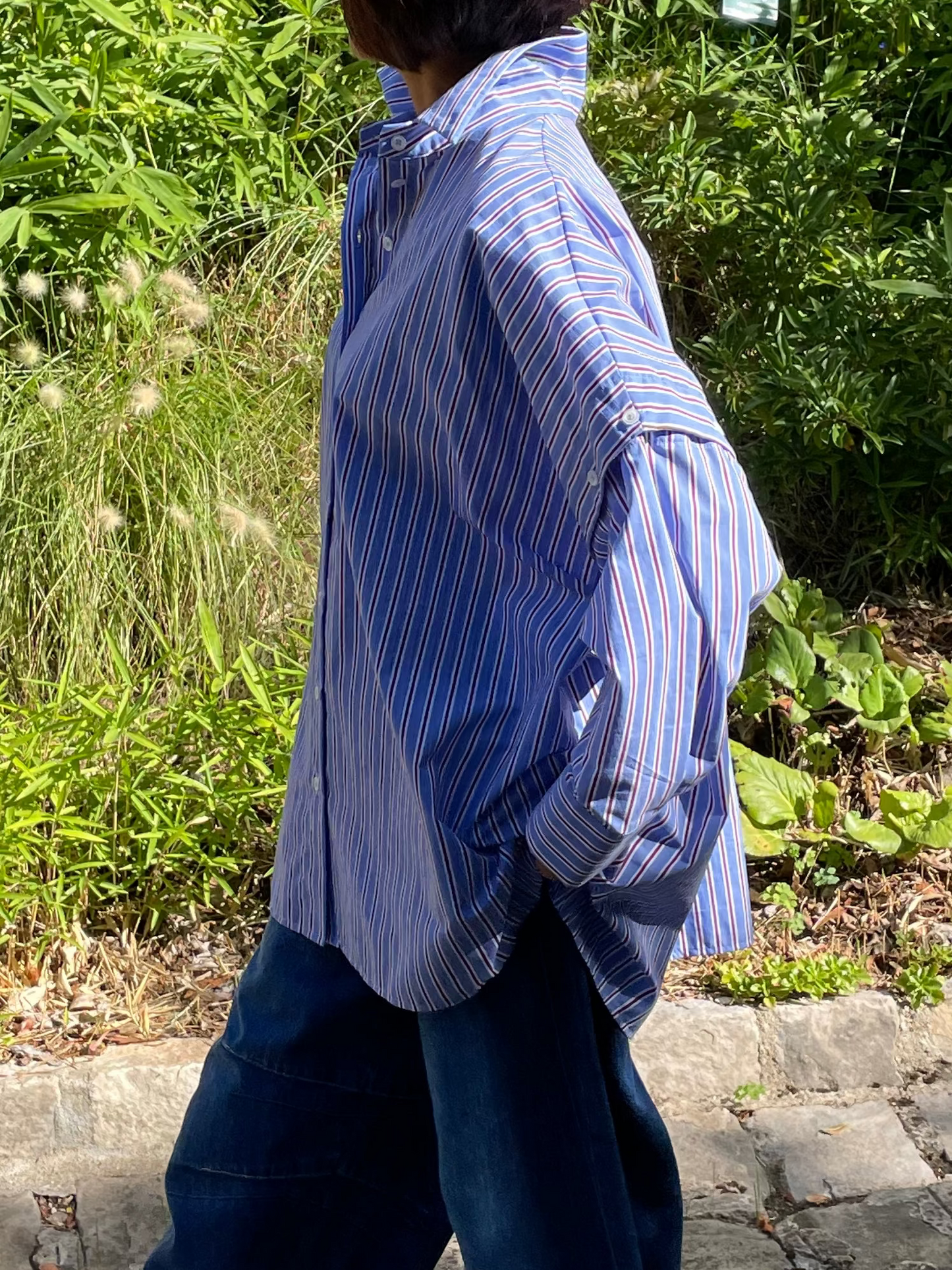 Long striped shirt with openwork sleeves