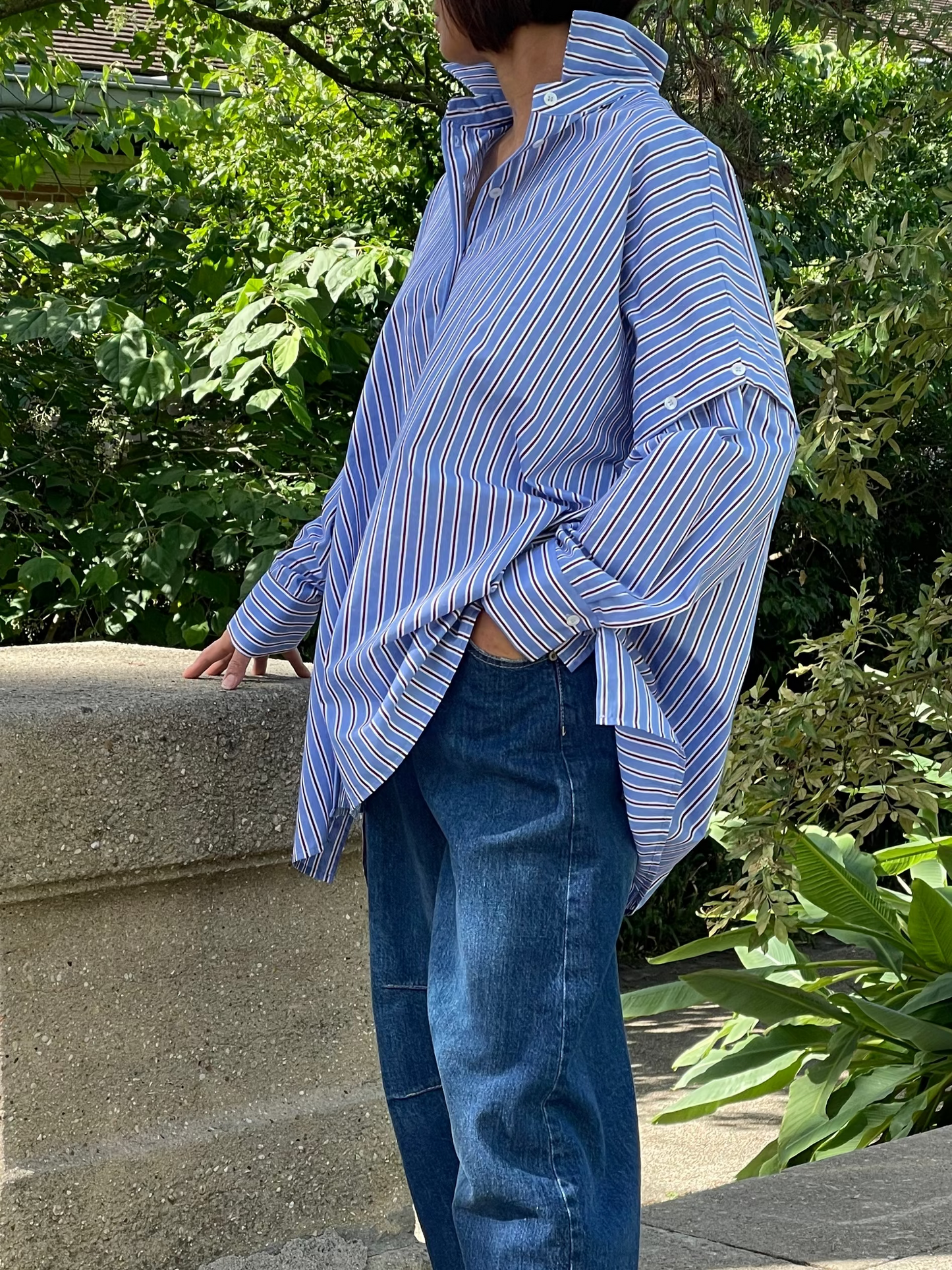 Long striped shirt with openwork sleeves
