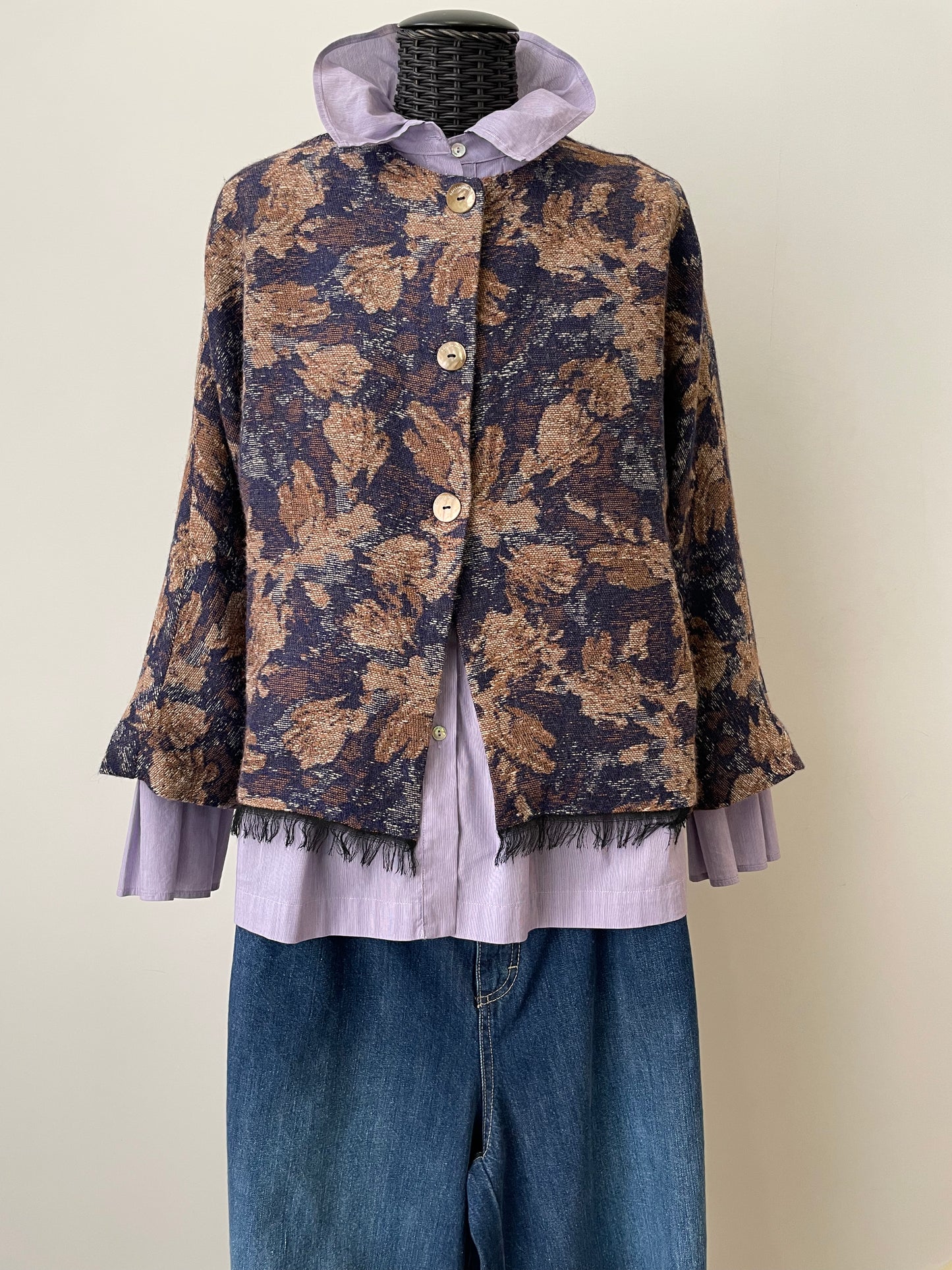 Floral print alpaca blend jacket with sand feathers