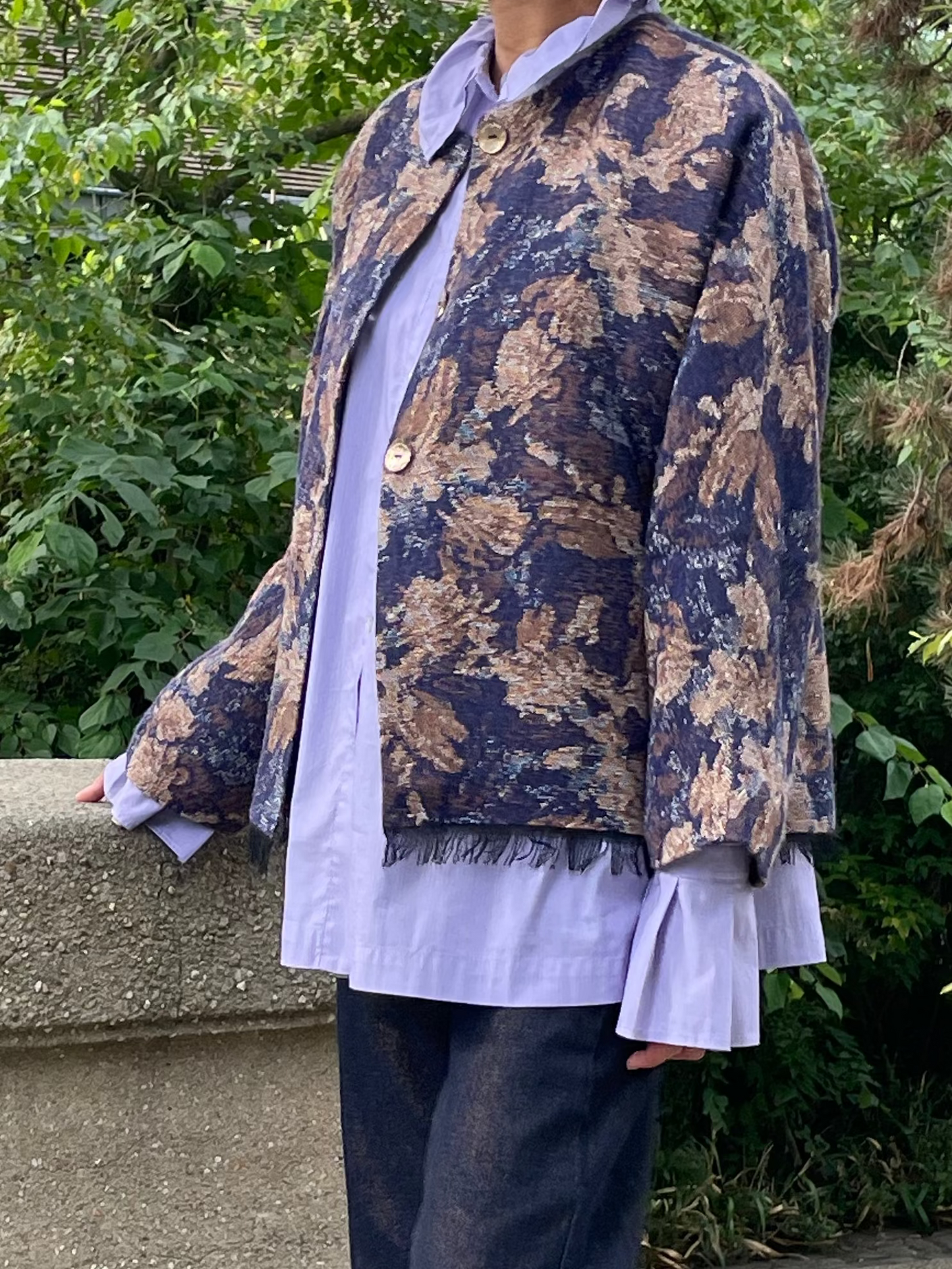 Floral print alpaca blend jacket with sand feathers