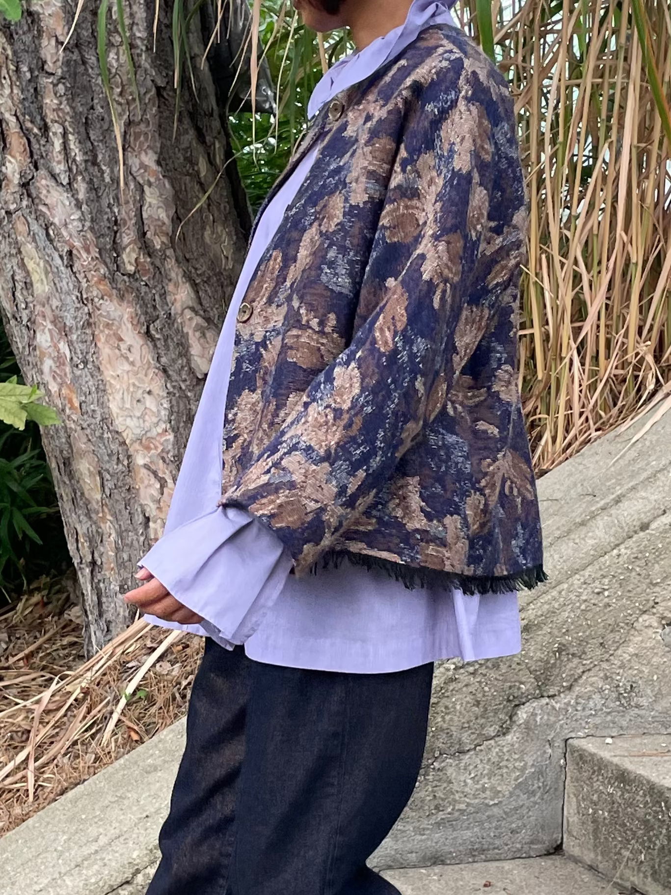 Floral print alpaca blend jacket with sand feathers