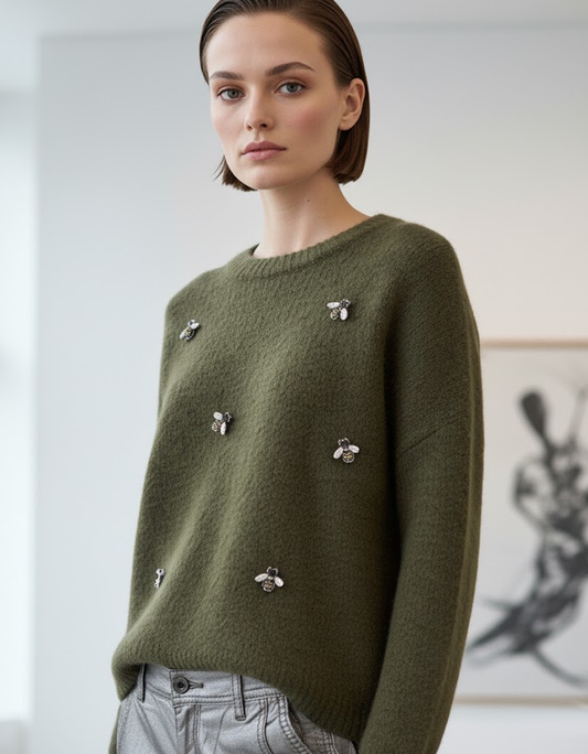 Jumper brodé avec broches – Vert olive
