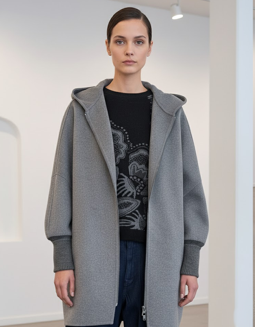 Manteau gris avec capuche et fermeture éclair