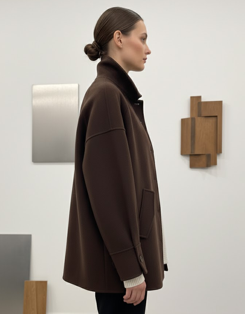 Manteau chocolat à poches et fermeture boutonnée