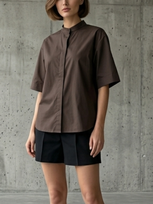 Chemise ample en coton à manches courtes – Chocolat